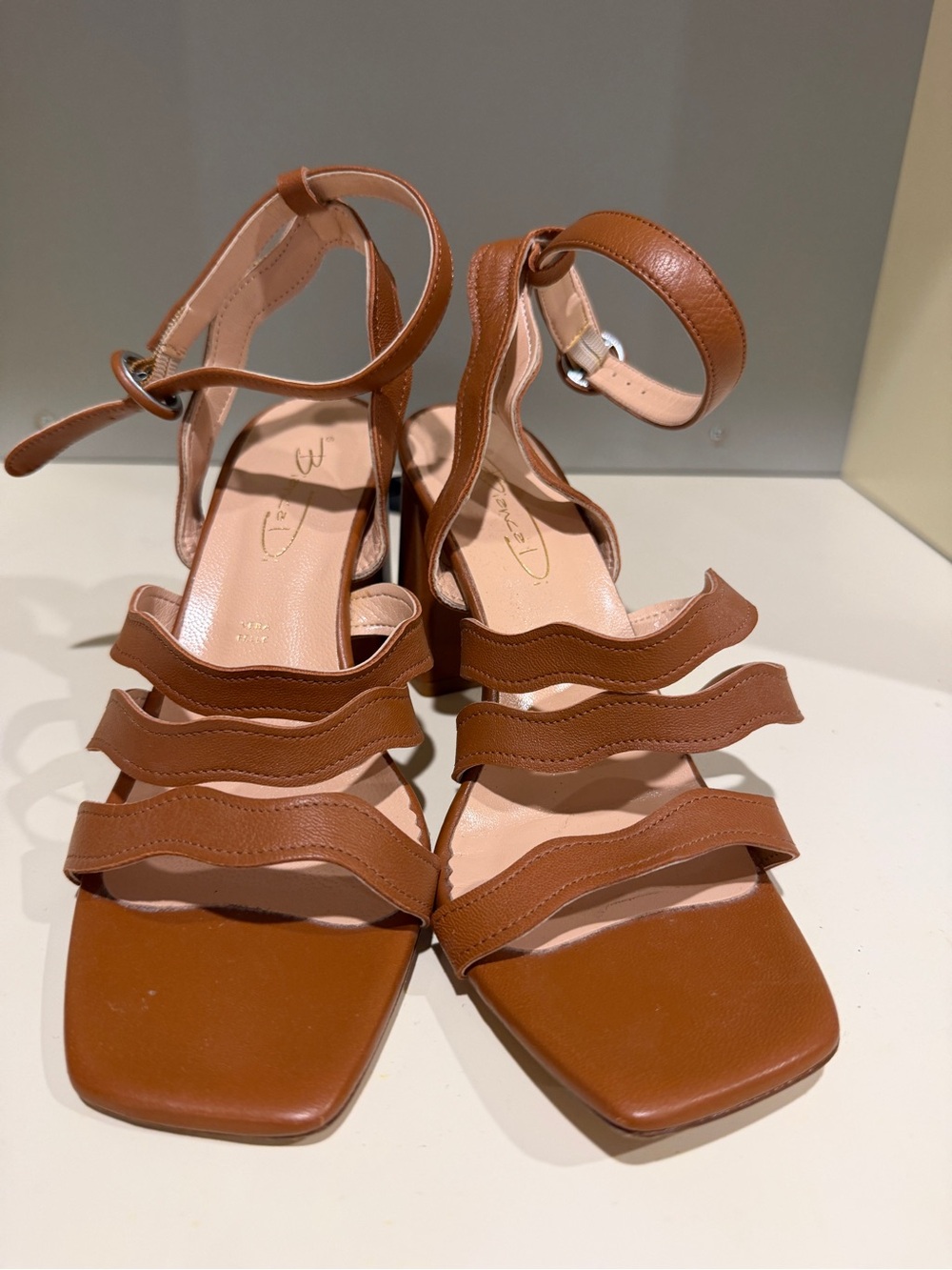 Wavy Strappy Tan Block Heel Sandals